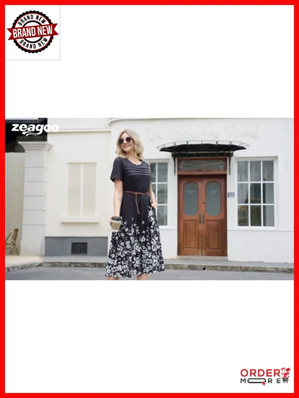 Short Sleeve Flare Midi Dress with Pockets Pleated Front Summer - Picture 6 of 6